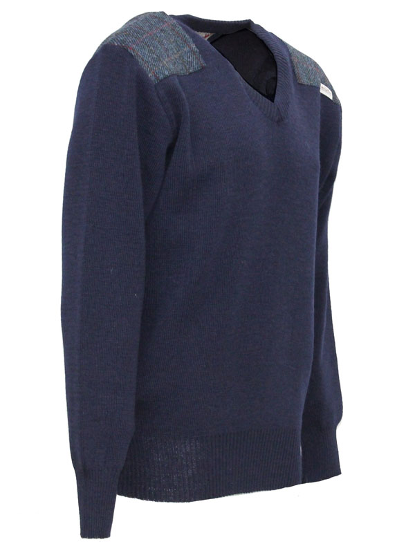 Vee_neck_sweater_with_Harris_Tweed_patches_Navy