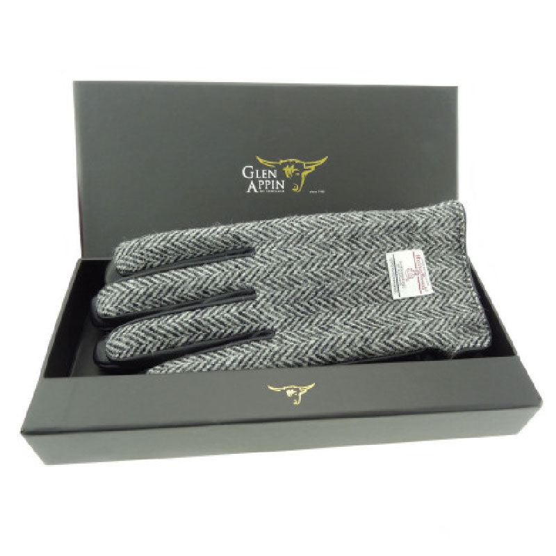 Gents_Black_Leather___Harris_Tweed_Gloves_Boxed_in_Black_White_HB
