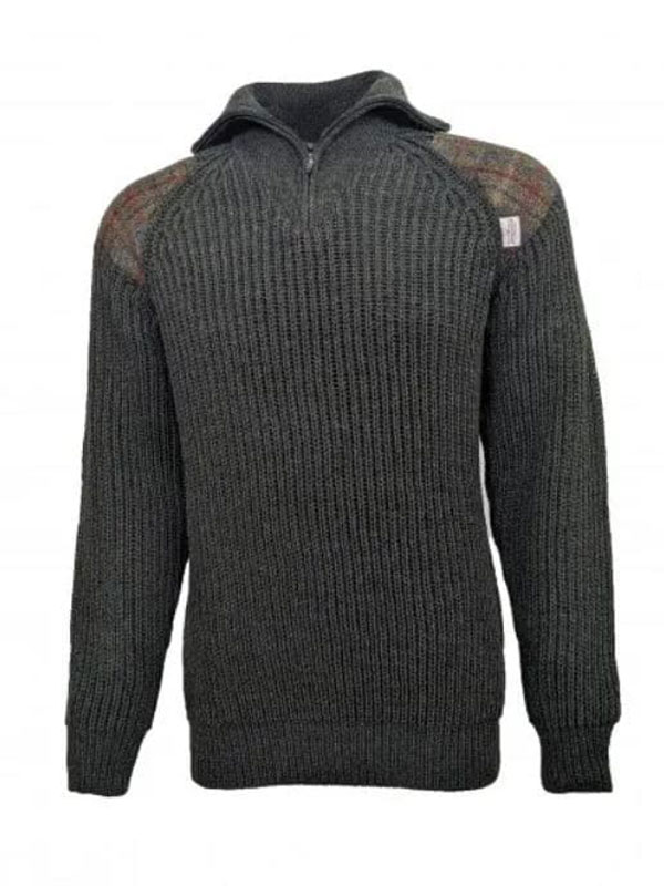 Chunky_Knit_5_Gauge_Quarter_Zip_With_Harris_Tweed_patches_Moss_Green