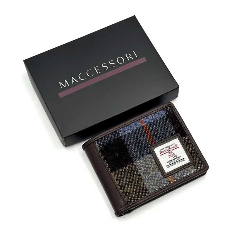 Harris Tweed zweifach faltbares Münzportemonnaie in Blau/Braun kariert – Bild 4