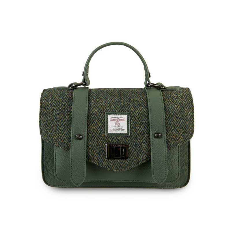 Harris Tweed Clutch, The Leather Medium Satchel, Islander, Dark Green Fischgrätmuster